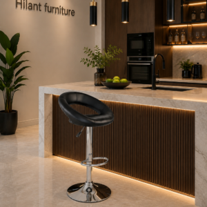 Luxury Black Leather Adjustable Swivel Bar Stool.