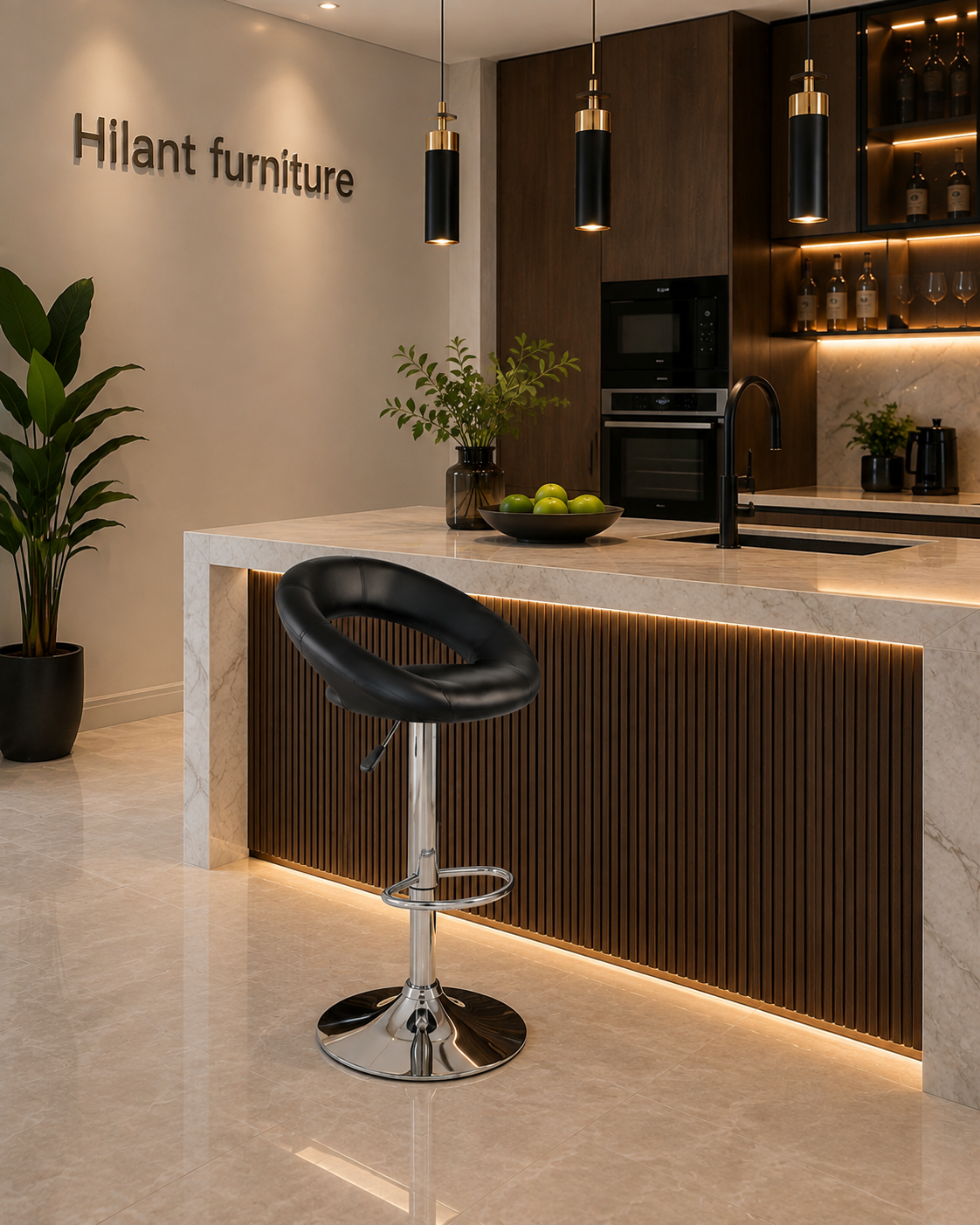 Luxury Black Leather Adjustable Swivel Bar Stool.
