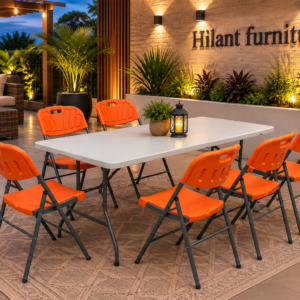 Orange Six-Seater Foldable Outdoor Dining Set.