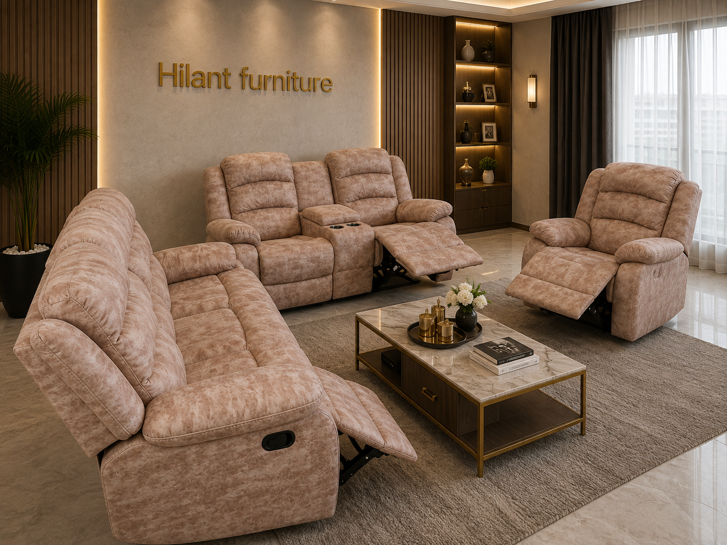 Cream Fabric 6 Seater Recliner Sofa Set.
