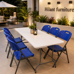 Blue Six-Seater Foldable Outdoor Dining Set.