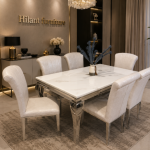 Premium Silver Six-Seater Marble Top Dining Set.