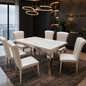 Silver Six-Seater Marble Top Dining Set.